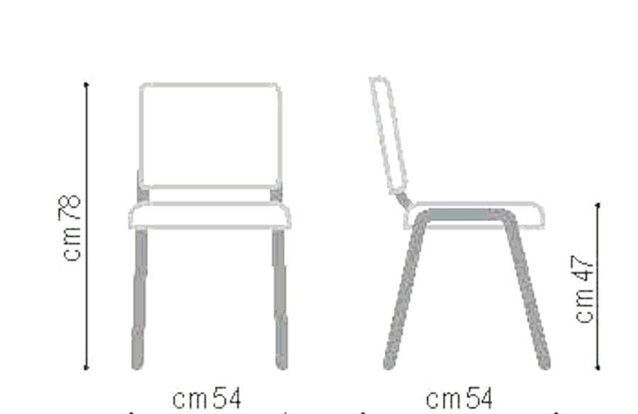 Disegno tecnico della sedia: altezza 78 cm, larghezza 54 cm, profondità 54 cm, altezza seduta 47 cm
